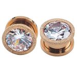 Rose Gold Stainless Steel Screw Big Cubic Zirconia Ear Gauges Plugs Tunnels Expander Body Piercing (Gauge=00g(10mm))