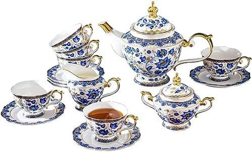 ACMLIFE Tea Set for Adults, Vintage Tea Sets, Bone China Tea Set, Tea Cup Set Porcelain Tea Set for 6, Floral Tea Cup Set With Teapot, 21 Pieces Tea Party Sets for Women Gift,Mother's Day (Blue)