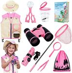 INNOCHEER Explorer Kit & Bug Catcher Kit for Kids Outdoor Exploration with Vest, hat, Binocular, Telescopic Butterfly Net, Magnifying Glass, Whistle and Bugs Book for Boys Girls 3-12 Years Old (Pink)