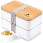 Bento Box Adult Lunch Box,All-in-1 Stackable Japanese Bento Lunch Box,(47oz) Lunch Containers with Food Compartments, Accessories and Sauce Container,Leak-Proof,Microwave Safe (White)