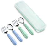 BEWOS Toddler Cutlery 4 Pcs, 304 Stainless Steel Kids Cutlery Set, Safe for All Age of Kids, Baby Self Feeding Weaning Set with Travel Case- 2 x Forks, 2 x Spoons, Dishwasher Safe (Green & Blue)