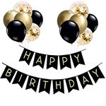 Happy Birthday Banner, Black Gold Party Decorations Happy Birthday Bunting Banners, 12 inch Happy Birthday Balloons Perfect for Birthday Party Decorations