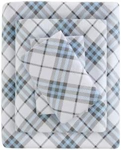 Sleep Philosophy True North Cozy Flannel Warm 100% Cotton Sheet - Novelty Print Animals Stars Cute Ultra Soft Cold Weather Bedding Set, Queen, Blue Plaid 4 Piece