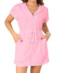 Yonique Terry Cloth Cover Ups - Hooded Cotton Swim Sun Cover-up with Zipper Pockets Beach Swimsuits, Pink, Large