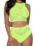 RSLOVE Womens Lingerie Set Sexy Fishnet Bodysuit Lace Babydoll 2 Piece Set One Size Neon Green