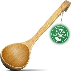Wooden Ladle for Soup - 10.8x2.8" Deep Wooden Spoon for Cooking and Serving, Lacquer-Coated for Comfortable Grip, Hook-End Handle for Storing - Easy-to-Clean Ladle Spoon that Doesn't Conduct Heat