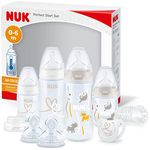 NUK Perfect Start First Choice+ Baby Bottles Set | 0-6 Months | 4 x Temperature Control Bottles, Dummy, Bottle Brush & More | BPA-Free | Safari | 10 Count