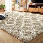 LOCHAS Luxury Velvet Shag Area Rug Mordern Indoor Plush Fluffy Rugs, Extra Soft and Comfy Carpet, Geometric Moroccan Rugs for Bedroom Living Room Girls Kids Nursery, 5x8 Feet Beige/White