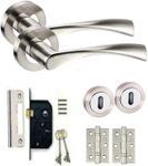 Golden Grace Twist Astrid Style Modern Chrome Lock Door Handles on Rose with Duo Finish Door Lever Latch Pack with Ball Bearing Hinges and 64mm Mortise Lock and 2 Keys (Lock Set)