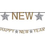 Amscan Grand New Year Party Ribbon Banner with Glitter Paper Letters Decoration, Gold/Silver, 12'