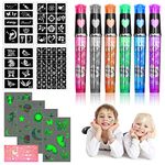 Temporary Tattoo Pen - Vaktop Tattoo Marker, 6 Tattoo Marker Pen with 4 Sheets Luminous Tattoos and 5 Stencil, Glitter Tattoo Gel Pens - for Kids and Adults Party Festival Dress Up