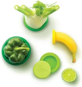Food Huggers 5pc Reusable Silicone Food Savers | BPA Free & Dishwasher Safe | Fruit & Vegetable Produce Storage for Onion, Tomato, Lemon, Banana, Cans & More | Round, Fresh Greens