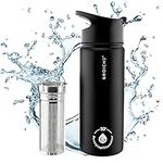 GROSCHE Chicago Steel 16 oz Stainless Steel Water Bottle (Black) with Jumbo Infuser. Vacuum Insulated Infuser Water Bottle Flask. for Sports, Yoga, Tea, Hydration. Snap lid.