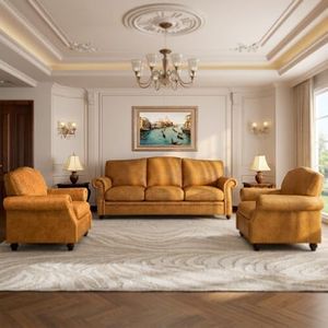 Living Room Furniture Sets, Faux Leather 85'' 3 Seat Couch+2 Single 31" Accent Chair, Mid Century Vintage Sofa Sets with Rolled Arms and Nailheads, Big Comfy Couch with Deep Seat, Brown