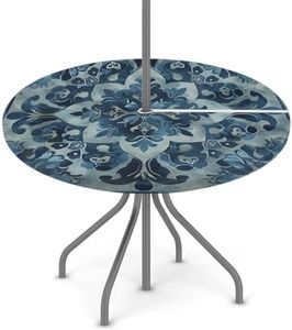 Outdoor Round Tablecloth with Umbrella Hole, Ethnic Style Fitted Table Cloth Waterproof Umbrella Table Cover Elastic Circle Table Cloth with Zipper for Party Picnic,Fit for 45"-56" Round Tables