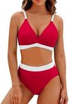 BMJL Women's High Waisted Bikini Sets V Neck Two Piece Swimsuit Color Block Twist Front Bathing Suits, Red042, Small