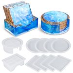 LET'S RESIN Silicone Coaster Molds, Resin Coaster Mold Kit with 5pcs Square Coaster, 5pcs Round Coaster Molds, Wooden Support, Coaster Holder Epoxy Resin Molds for Resin Casting, Cups Mats, Home Decor