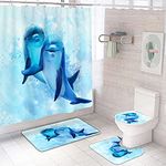 Nljihkure Blue Dolphin Shower Curtain Sets and Bathroom Rugs and Accessories, Ocean Shower Curtain with 12 Hooks, Durable Waterproof Fabric Ocean Animals Theme Shower Curtain（4 Pcs ）