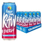 Rubicon RAW 12 Pack Raspberry & Blueberry 500ml Energy Drink, 20% Real Fruit Juice, High caffeine with B-Vitamins, Ginseng & Guarana, No Artificial Colours or Flavours, Reduce Tiredness & Boost Energy