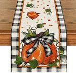 Artoid Mode Pumpkin Bow Buffalo Plaid Fall Table Runner,Seasonal Autumn Kitchen Dining Table Decoration for Home Party Decor 13x60 Inch