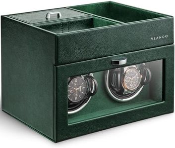 Vlando Automatic Double Watch Winder - Watch Winder Box with Men Jewelry Organizer Tray, Japanese Quiet Motor, LED Light, Adjustable Watch Pillows - Green