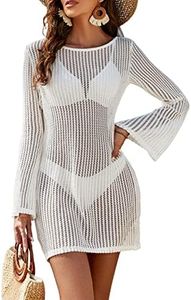 Blooming Jelly Women's Swimsuit Coverup Crochet Bikini Cover Ups Hollow Out Net Longsleeve Swimwear for Beach, White, Small