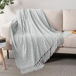 PAVILIA Light Gray Chenille Throw Blanket for Couch, Soft Grey Knit Blanket with Tassel Fringe, Woven Chenille Knitted Decorative Blanket for Sofa Bed Living Room, Decor Gift, 50x60