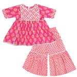 superminis Baby Girls Cotton Sanganeri Printed Frock Style Kurti with Printed Sharara Dress (2-3 Years, Light Pink)