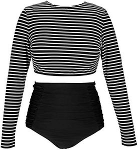 COCOSHIP Black & White Stripe Striae Swimwear Splice Long Sleeve Swim Shirt Rash Guard Top Tankinis High Waist Bikini Swimsuit 12