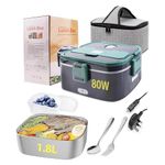 Homtibrm Electric Lunch Box 80W 3 in 1 Heated Lunch Box with 1.8L 304 SS Container/Insulated Bag/Large Cutlery Set,12V 24V 220V Food Warmer for Car Truck Office School and Home Use