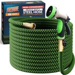 PowerFlow Garden Hose, NON-EXPANDABLE 25 Feet Premium Quality Stainless Steel Metal Water Hose with Durable Fabric Skin, Hose For Commercial, Residential Use, Bonus 10-way Spray Nozzle (25 Ft, Green)