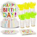 Nkaiso Birthday Party Tableware Set, Coloured Kids Birthday Party Supplies 192 pcs Paper Plates Napkins Cups Dinnerware for Birthday Baby Shower Party Decorations -24 Guest