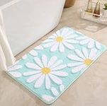 Skybook Daisy Bath Mat White Flower Rug Non Slip Microfiber Bathroom Machine Washable Rug Durable Bathmat Super Absorbent Floor Mat Living Room Shower (Green and White, 50x80cm)