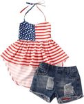 BOEBNOZCV Toddler Baby Girl Fourth of July Outfits Halter Star Top + Ripped Hole Denim Shorts Kids 4th of July Clothes Set, Striped Flag, 12-18 Months