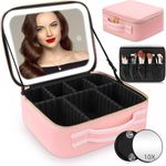 INOVERA (LABEL) Makeup Organizer Bag for Women, Girls & Bride - Travel Cosmetic Brushes Storage Kit with Removable 3 LED Lighting Mirror and Adjustable Compartments - Toiletry Vanity Box (Rose Gold)
