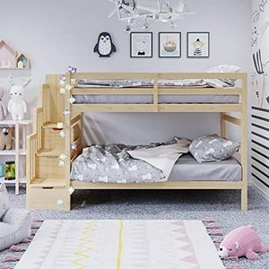 Solid Pine Wood Triple Bunk Bed with Storage Staircase Children's Room Furniture (Natural)