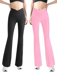 Girls Flare Leggings V-Cross High Waist Bootcut Active Pants Kids Teen Casual Athletic Bell Bottom, Black Pink 2 Pack, 12-13 Years