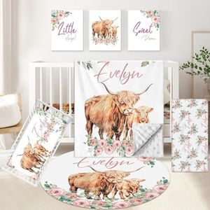 KAINSY Personalized Nursery Bedding - 5 Pcs Custom Baby Crib Set with Name, Double Layer Crib Bedding for Girls, Cows and Flowers Theme