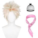 Short Blonde Mixed Pink & Blue Movie Cosplay Wig Unisex Weird Spiky Layered White Golden Fluffy Heat Synthetic Fiber Hair for Women Men Halloween Costume Party