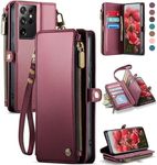 Defencase Compatible with Samsung Galaxy S21 Ultra Case Wallet with RFID Blocking Card Holder for Women, PU Leather Magnetic Snap Flip Zipper Strap Wallet Case Fit for Galaxy S21 Ultra 5G, Wine Red