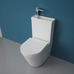 Durovin Bathrooms Close Coupled Two Piece Ceramic Toilet with Sink On Top - Rimless WC Pan with Cistern and Soft Close Seat