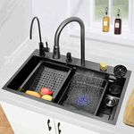 QIMAGE Kitchen Sink with ANTI SCRATCH HONEYCOMB DESIGN Integrated Waterfall and Pull-down Faucet Set/304 Grade Stainless Steel Sink with Cup washer and Drain Baskets (30x18x9 inch, Nano Coating)