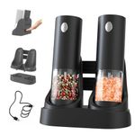 CIRCLE JOY Electric Salt and Pepper Grinder Set Automatic Salt and Pepper Grinder Set with Easy-to-Carry Charging Base and LED Light, Adjustable Coarseness, USB Rechargeable, Washable Container, Black