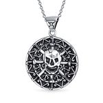 Bling Jewelry Round Coin Heavy Large Medallion Caribbean Aztec Pirates Skull Pendant Necklace for Men Oxidized .925 Sterling Silver