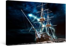 Artwork for Home Walls Nautical Decor Sailboat Sea Lightning Thunderstorm Painting Pictures Canvas Photo Prints Framed Wall Art Sailboat Art Ship Decor 16 "x12