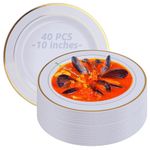 SHUESS 40 Pack Elegant White Plastic Dinner Plates with Gold Rim - 10 Inches Round Plastic Plates Reusable - Sturdy Party Plates for Weddings, Parties, Catering, and Picnics (26 cm)