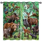 ANHOPE Animal Curtains Eyelet 80% Blackout Room Darkening Curtains with Jungle Safari Wildlife Bear Wolf Deer Owl Print Pattern Light Blocking Window Drapes for Kids Bedroom 46 x 54 Inch Drop 2 Panels