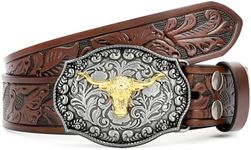 JASGOOD Western Leather Buckle Belt for Men Women Floral Engraved Cowboy Belt Longhorn Bull Buckle Waist Belt for Jeans Pants,A-Brown,Fit Waist Size 35"-38"