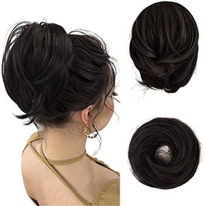 BARSDAR Straight Hair Bun Extensions, Short Ponytail Brown Hair Bun Extensions, Synthetic Messy Bun Hairpieces Elastic Easy Scrunchies for Women - Darker Brown