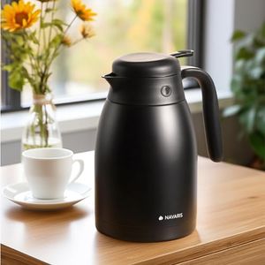 Navaris Caraffa Termica 1,5 L - Thermo-Teiera in Acciaio Inox e Plastica Senza BPA - Brocca con Tappo Ermetico e Beccuccio con Levetta - Caldo 9 H Freddo 12 H - Nero Opaco